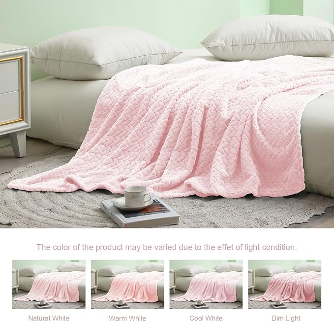 Exclusivo Mezcla Fleece Throw Blanket for Couch Sofa, 50”x70”, Light Pink | Oversized Soft Cozy Fluffy Blankets for Summer, Decorative Plush Flannel Throws for Living Room, Bedroom with Leaves Pattern