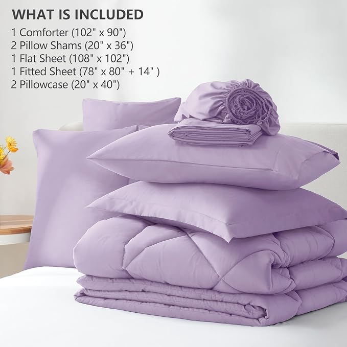 King Size Comforter Set Lavender - 7 Pieces Complete Bedding Set | OEKO-TEX Certified, All Season, 240GSM Down-Alternative Comforter, Sheets, Pillowcases & Shams, 14" Deep Pocket, Easy Care