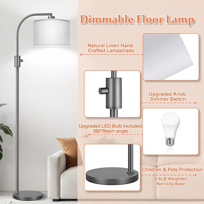 Nintiue Upgraded Modern Arc Dimmable Tall Standing Floor Lamp with Gray Shade, 1200 Lumens LED Bulb Included, for Living & Reading Room, Bedroom, Office & Nursery, Gray
