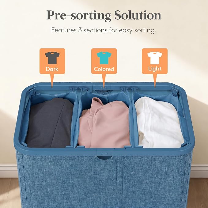 Lifewit 185L 3 Section Laundry Hamper with Lid, Laundry Basket, Dark Blue | Large Foldable Laundry Sorter with 3 Removable Bags, Tall Clothes Hamper for Bedroom and Bathroom