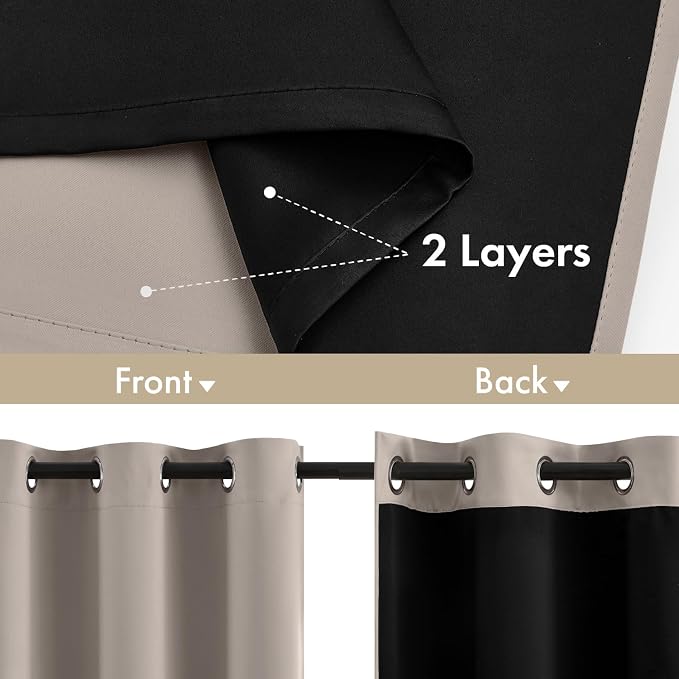 MIULEE Natural 100% Blackout Curtains for Bedroom 90 Inch Long 2 Panels | 2 Thick Layers Thermal Insulated Window Curtains with Black Liner, Noise Reducing Grommet, Drapes for Living Room