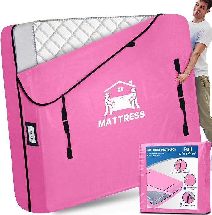 Mattress Bags for Moving, BETU Mattress Protector Waterproof Mattress Cover Full Size Storage Bags with 8 Heavy-Duty Handles and Zipper for Bed Extra Thick Large Reusable (77"x57"x15" Pink)
