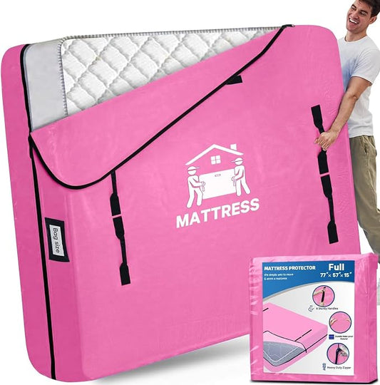 Mattress Bags for Moving, BETU Mattress Protector Waterproof Mattress Cover Full Size Storage Bags with 8 Heavy-Duty Handles and Zipper for Bed Extra Thick Large Reusable (77"x57"x15" Pink)