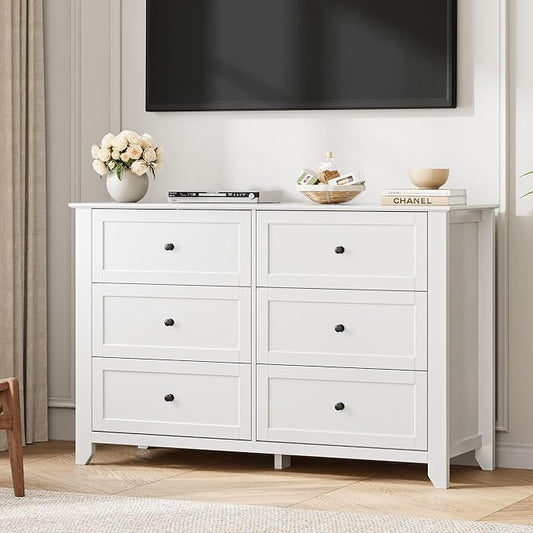 Garvee 6 Drawer Dresser for Bedroom, 47.2" Wide Modern Large Chest of Drawers with Metal Knobs, Wooden Clothes Storage Organizer for Closet, Nursery, Living Room, Apartment, White | Lacquered Finish, Metal Knobs, Clothes Storage Organizer for Closet, N...