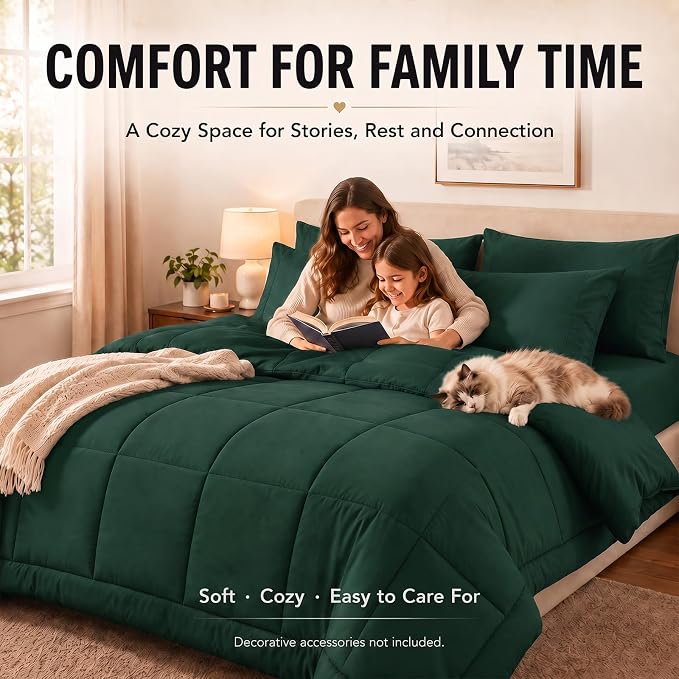 Queen Comforter Set Emerald Green - 7 Pieces Bed in a Bag | OEKO-TEX Certified, All-Season, Bedroom, Guest Room, Down-Alternative Comforter + Flat & Fitted Sheets + 4 Pillowcases