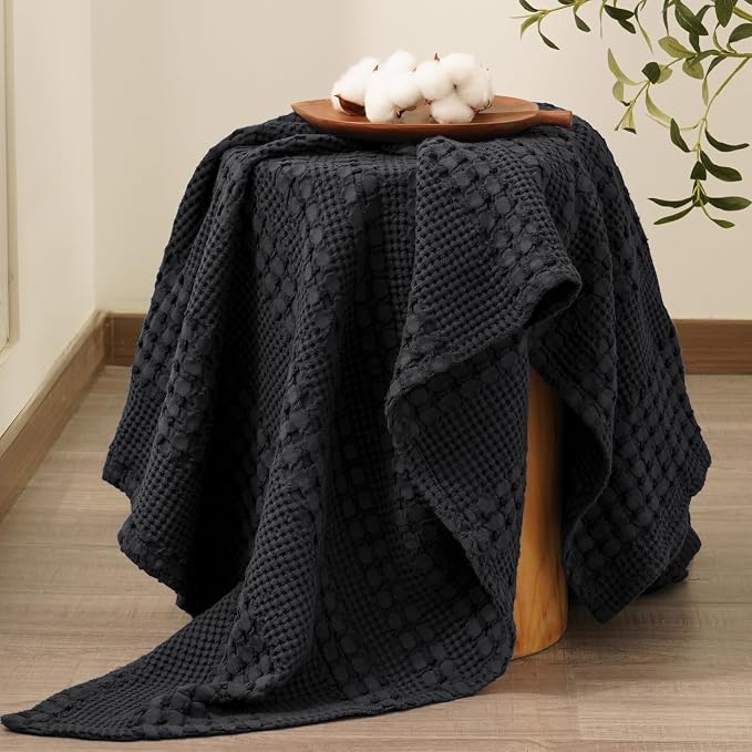 PHF Lightweight 100% Cotton Waffle Throw Blanket for Couch, Black | Pre-Washed Soft Cotton Comfort, Breathable Layering Warmth for Fall & Winter, Office, Travel, Sofa, Home Decor & Gifts