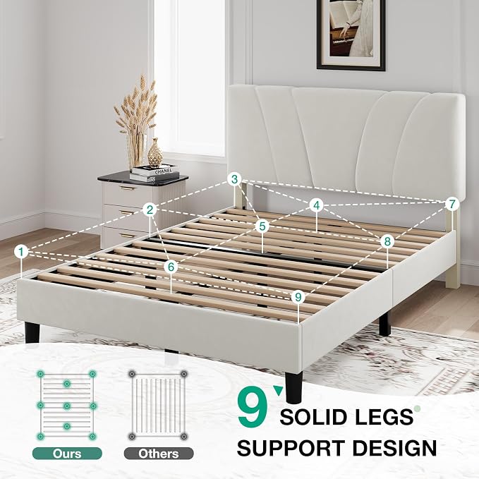Novilla Queen Bed Frame, Queen Size Bed Frame with Wooden Slats Support, Velvet Upholstered Headboard, No Box Spring Needed, Heavy Duty Feet, Easy Assembly, White Velvet