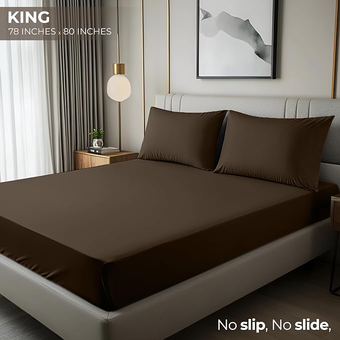 King Fitted Sheet, Ultra Soft Fits Up to 16 Inch Deep Pocket, Brown | Hotel Comfort, Cooling & Breathable Cotton like Polyester, Easy Fit, Wrinkle & Fade Resistant, Snug Fit, Easy Care, Oeko-Tex