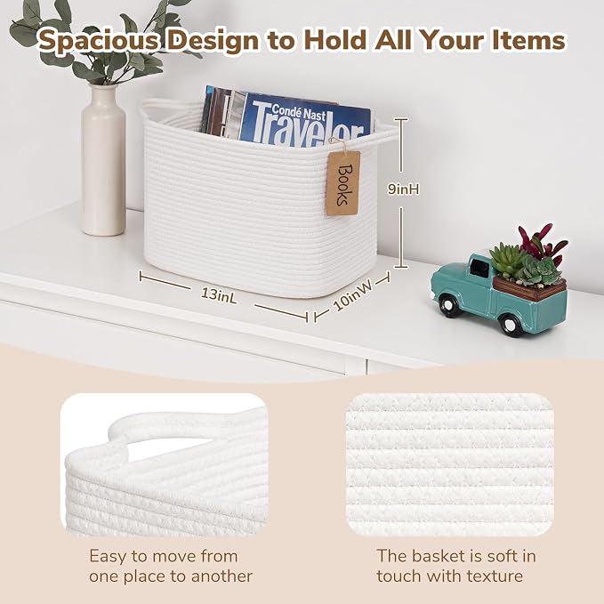 Goodpick Woven Rope Storage Basket for Shelves, Rectangle, White | 13" × 10" × 9" Stylish Gift Basket for Home Decor, Cotton Rope Baskets for Toys, Books & Towels Storage, Reinforced Handles