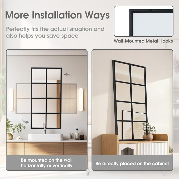 DUMOS Wall Mirrors 16" x 32", Set of 2 Rectangle Window Pane Decorative Mirrors, Black Metal Framed Wall Mounted Mirror for Bathroom, Bedroom, Entryway