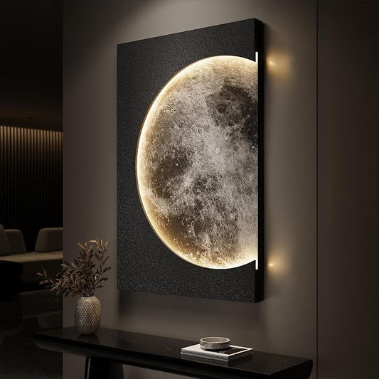 Cuspin Large 3D LED Moon Wall Art, 24x36 In (Black) | Modern minimalist style, Lighted lunar design, Standstone-like textured, For bedroom living room dining room hallway entryway