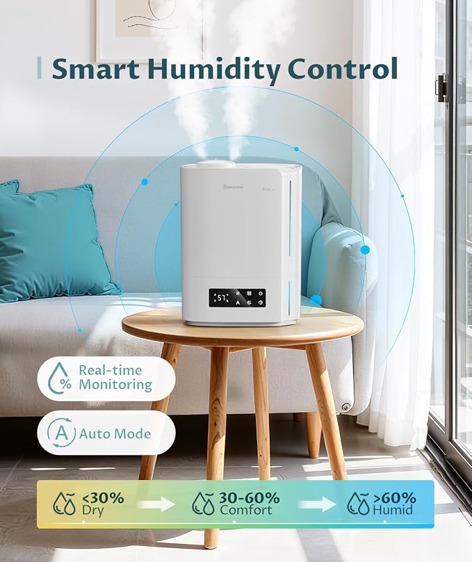 BREEZOME 6L Humidifier for Bedroom Large Room Smart Humidistat Control | 60H Runtime,25dB Quiet, Essential Oil Diffuser, Top Fill Ultrasonic Cool Mist Humidifiers for Baby, Plants, Nursery