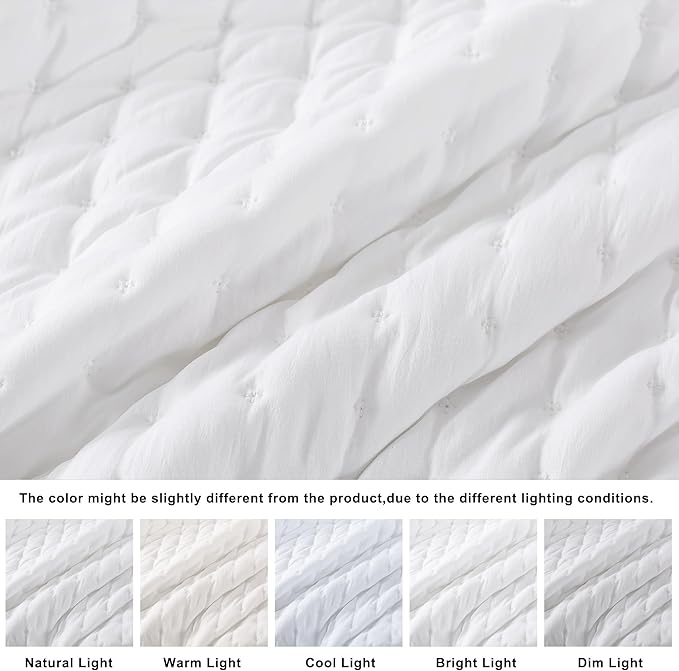 WDCOZY White Cloud Quilt Set Queen Size, Lightweight Soft Cross Stitch Bedspread, Farmhouse Rustic Country Coverlet, Spring Summer Thin Comforter, 3 Pieces, 2 Pillow Shams, 90x90 inches