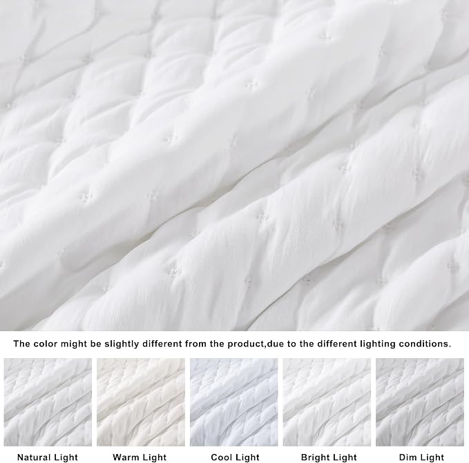 WDCOZY White Oversized King Quilt Set, California Cal King Rustic Bedspread, Lightweight Soft Farmhouse Coverlet, Spring Summer Thin Comforter, 3 Pieces, 2 Pillow Shams, 116x106 inches