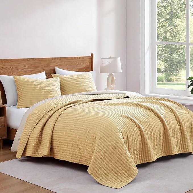 King Size Quilt-Lightweight Bedspreads Yellow King Quilt Bedding | Soft Coverlet with 2 Pillow Shams for All Seasons, Suitable for Bed, Couch, 3 Pieces, 106"x94"