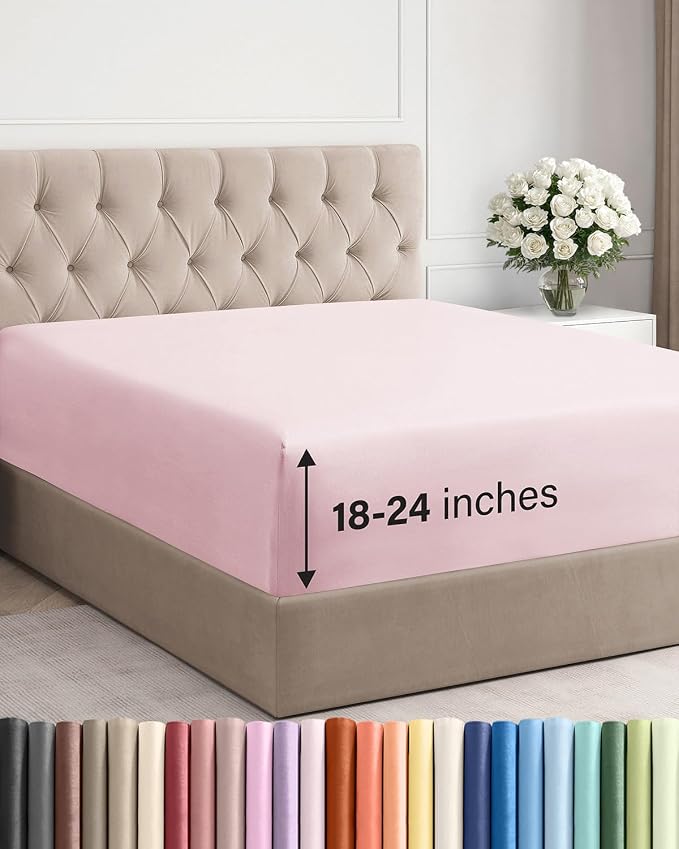 Extra Deep King Fitted Sheet - Single Fitted Sheet Only - Lavender Pink | Easily Fits 18 inch to 24 inch Mattress, Soft, Wrinkle Free, Breathable & Comfy, Extra Deep Pockets Hotel Luxury Fitted Sheet