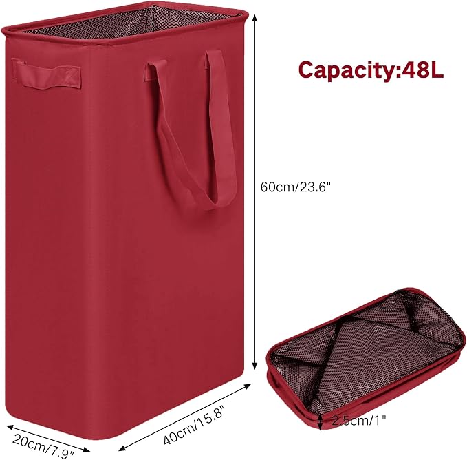 efluky Slim Laundry Basket, Narrow Laundry Hamper with Handles, Collapsible Dirty Clothes Hamper, Tall Laundry Bin for Laundry Room, Dorm and Bedroom, 48L (12.7 Gallon) Burgundy Red