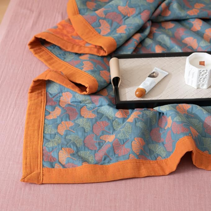 100% Cotton Muslin Blanket Jacquard Floral Ginkgo Leaves Print Quilt, Soft Bed Cover 3 Layers Reversible Bedspread Coverlet Breathable Lightweight Bedding King(98"x94"), No Pillow Sham