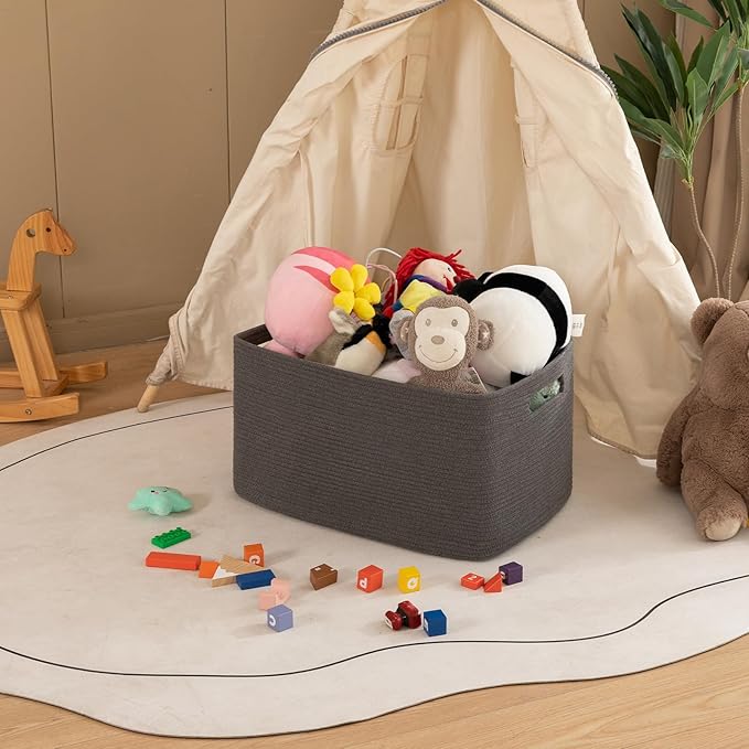 OIAHOMY Large Blanket Basket,Storage Basket with Handle, Blanket Basket for Living Room, Rectangle Woven Cotton Rope Basket for Bedroom, Toy Baskets Organizer Bins, 22" x 17" x 12" in, Dark Grey