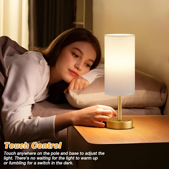 Dicoool Bedside Table Lamp for Bedroom - 3-Way Dimmable Touch Lamp, USB A+C | LED Bulb Included, 14" Small Nightstand Lamp for Desk, Living Room, Guest Room, White Fabric Lampshade, Gold Metal Base