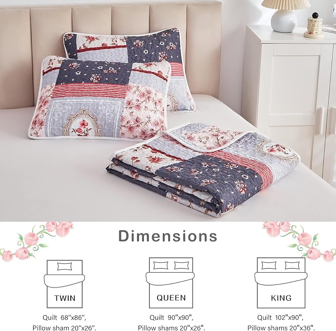 Patchwork Quilt Set King Size, 3 Pieces Pink Purple Floral Plaid Summer Bedspread Coverlet Set, Soft Microfiber Reversible Lightweight Bed Cover for All Season (102" x 90", 1 Quilt+ 2 Pillow Shams)