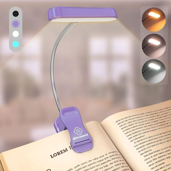 Glocusent Rechargeable Book Light, Clip on Light for Bedtime Reading | Eye Caring, 3-Color, 5 Brightness, Ergonomic, Traveling, Stocking Stuffers Gifts for Book Lover, 1.8Oz Lightweight & Portable