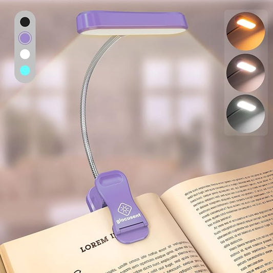 Glocusent Rechargeable Book Light, Clip on Light for Bedtime Reading | Eye Caring, 3-Color, 5 Brightness, Ergonomic, Traveling, Stocking Stuffers Gifts for Book Lover, 1.8Oz Lightweight & Portable