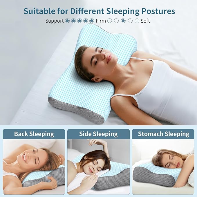 Cervical Neck Pillow for Pain Relief, Contour Memory Foam Pillows for Sleeping, Ergonomic Pillow Orthopedic Cooling Pillow Bed Pillow Neck Support for Side Back Stomach Sleepers(Light Blue)