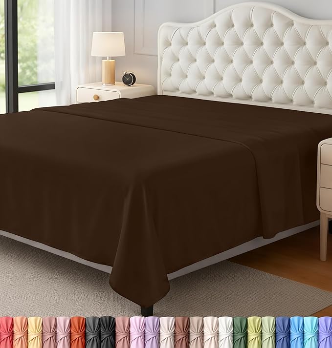 Queen Size Flat Sheet Only, Ultra Soft & Breathable Hotel Sheets, Brown | Hotel Bedding, Cooling Comfort, Smooth Feel, Wrinkle & Fade Resistant, Easy Care, Long-Lasting, Machine Washable, OEKO-TEX