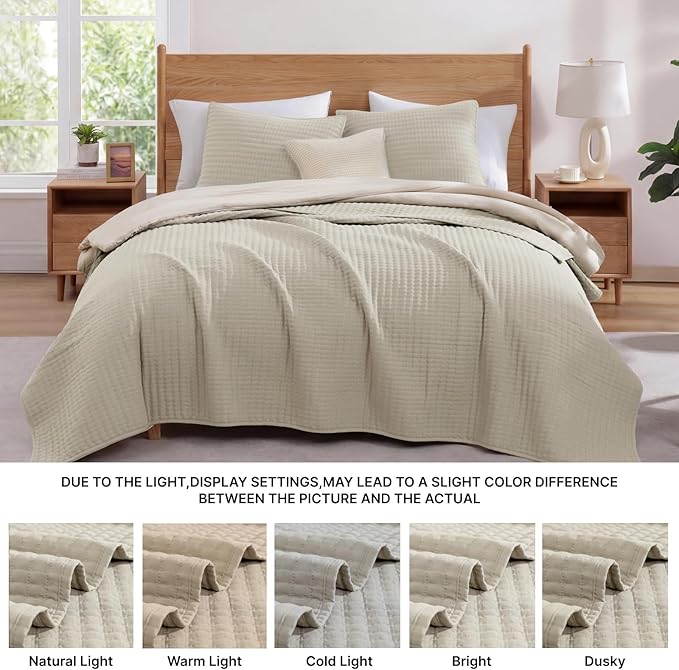 Queen Quilt Lightweight Bedspreads Oatmeal Queen Size Quilt Bedding Set | Soft Neutral Coverlet with 2 Pillow Shams for All Seasons, Suitable for Bed, Couch, 3 Pieces, 90"x94"