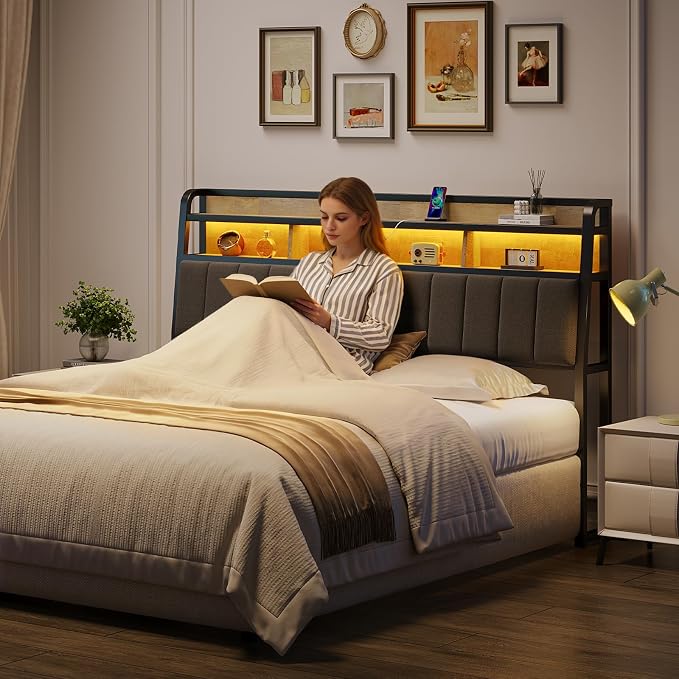 ComfyCorner King Size Headboard with Storage & LED Light, Black & Brown | Upholstered Ergonomic Head Board with Power Outlets & 2-Tier Storage, King Headboard Only, Bed Frame Mounting, Heavy Duty