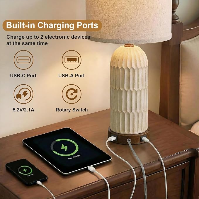 OYEARS 22" Bedside Table Lamps Set of 2, Farmhouse Lamp with USB A+C,Brown | Vintage Nightstand Lamp for Bedroom, Retro Design, Home Decor for living Room, Nursery, Home Office, End Side table