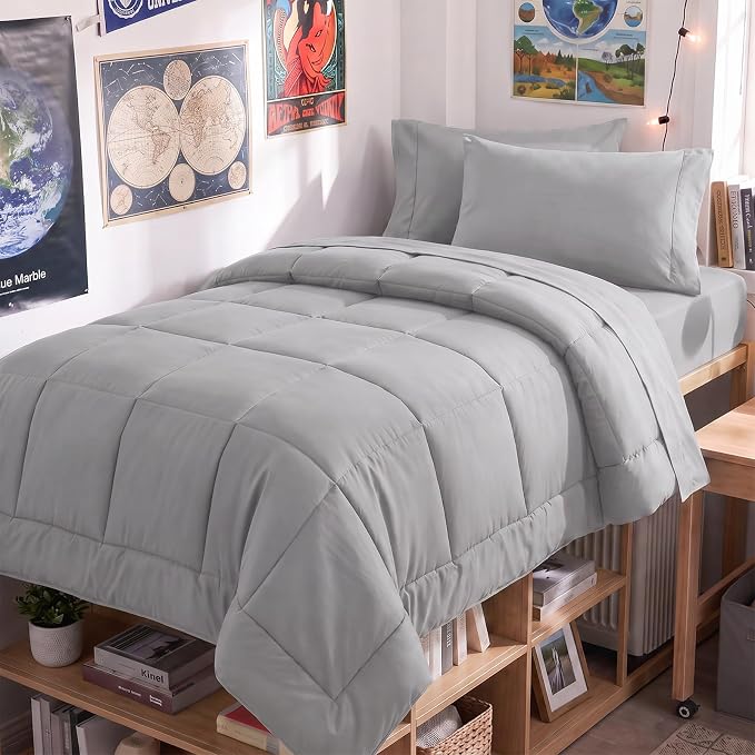 Twin Comforter Set French Grey - 5 Pieces Bed in a Bag | OEKO-TEX Certified, All-Season, Student, Single, Dorm, Down-Alternative Comforter, Flat & Fitted Sheets, 2 Pillowcases