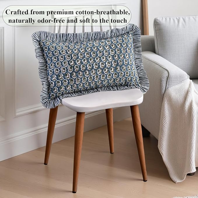 Ridhi Block Print Peacock Blue Ruffle Lumbar Pillow Shams, 20" x 12" Set-1 | 100% cotton, Floral Pillowcase, Cushion Cover, Hidden Zipper, Cottagecore Bedding, farmhouse boho style, fits couch, sofa,Bed