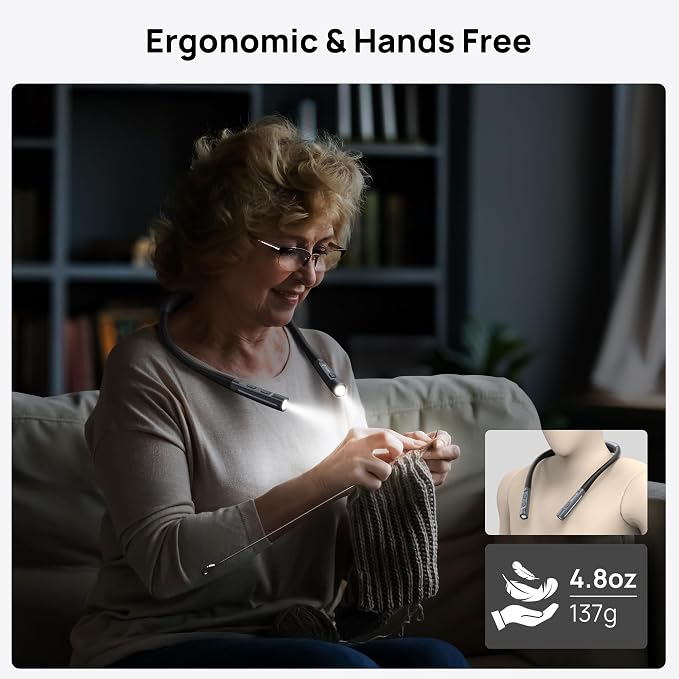 TROND LED Neck Reading Light, Bendable Neck Light for Reading, USB-C, Black | 3 Color 3 Brightness Book Light for Reading, Flexible Arm with Outdoor Warning Lamp, Eye-Caring for Crochet,Book Lovers Gifts