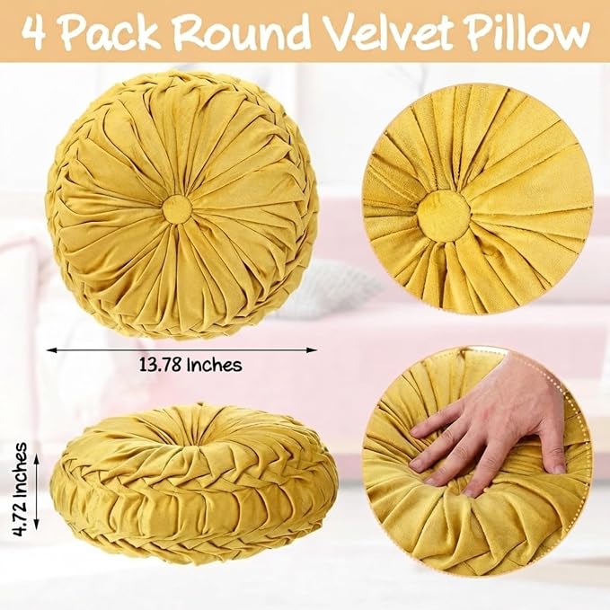 Kathfly 4 Pcs Decorative Round Pleated Throw Pillows, Classy Velvet Pumpkin Round Throw Pillows, Decorative Floor Pillow for Bed Chair Home Sofa Decor, 14" Diameter (Easter Colors)