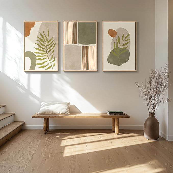Framed Sage Green Orange Boho Abstract Wall Art for Living Room, 20x30 In | Canvas print, Large 3 piece, Botanical picture, Minimalist painting, Tropical leaf artwork, Geometric, Wall Decor for Bedroom