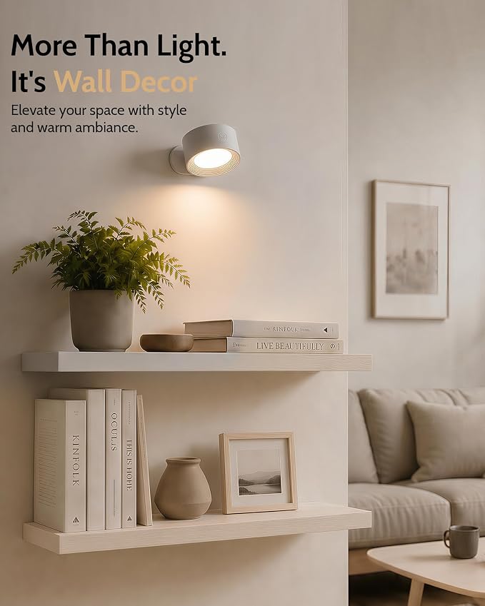 LED Wall Mounted Lights, Rechargeable Wall Sconces, 3 Color Temps, Remote & Touch, 360° Rotating and Dimmable for Bedroom, Bedside & Reading (White, 2 Pack)
