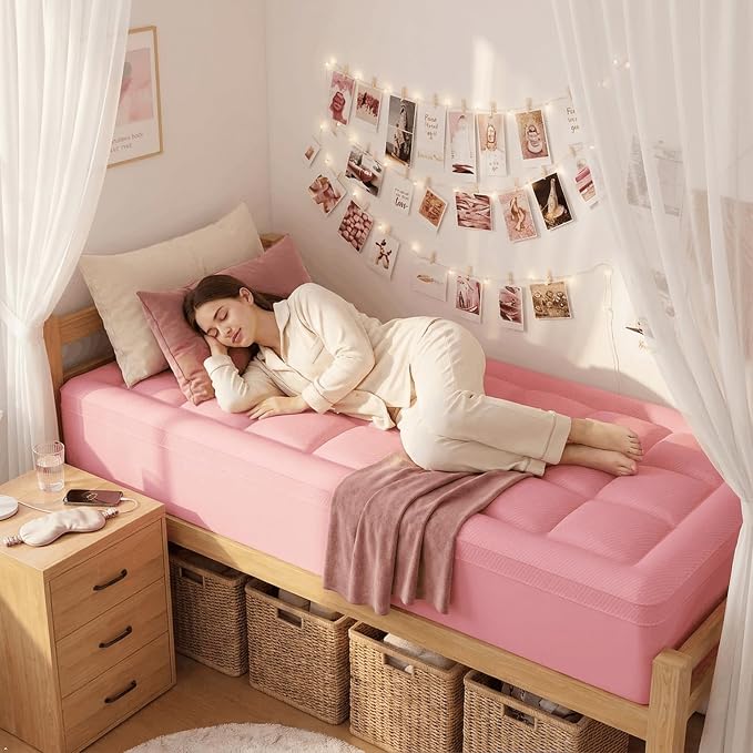 ELEMUSE Twin XL College Girls Dorm 3 Inch Memory Foam Mattress Topper | Pink Dual Layer Design, 2 Inch Cooling Gel Foam and 1 Inch Soft Pillow Top Bed Pad, Comfortable Support