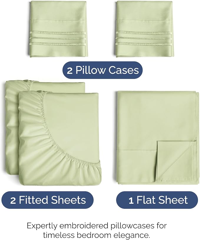 Split King Size 5 Piece Sheet Set - Breathable & Cooling - Light Sage Green | Hotel Luxury Bed Sheets for Women & Men, Deep Pockets, Easy-Fit, Comfy, Soft and Wrinkle Free Sheets, Oeko-Tex Bed Sheet Set