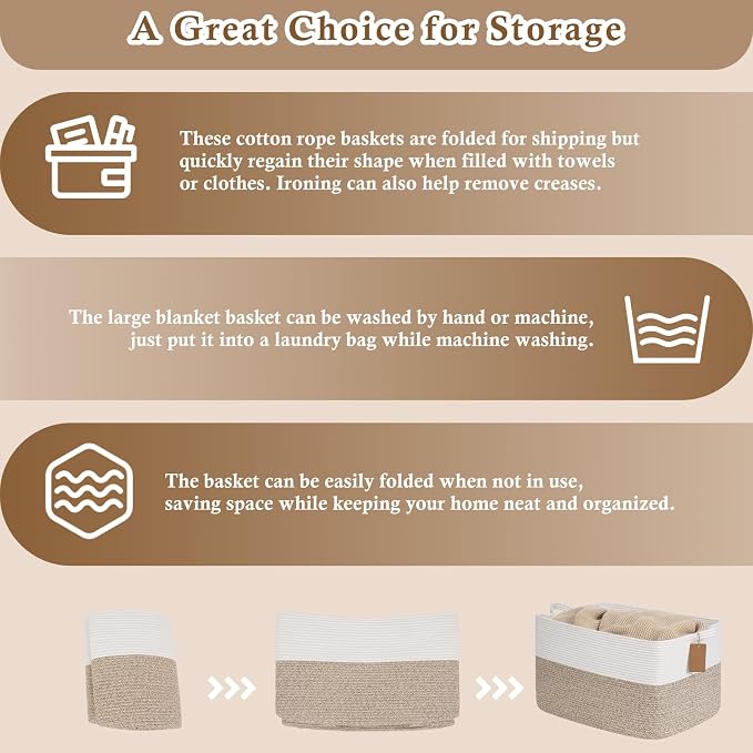 Goodpick 75L Extra Large Woven Rope Blanket Basket, Rectangle, Light Brown | 22" × 17" × 12" Decorative Storage Basket for Blankets, Toys & Clothes, Fits Living Room, Bedroom & Nursery Organization
