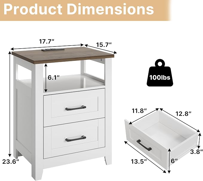 Decofy Farmhouse 2-Drawer Nightstand Set of 2 with Charging Station, White | Open Shelves, AC Outlets, USB And Type C Ports, Rustic Wood Bedside Tables, Storage For Small Items