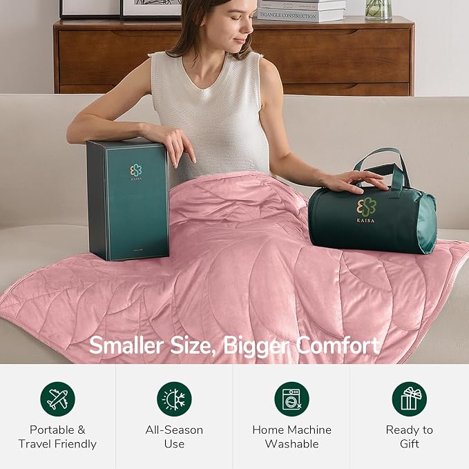 Weighted Lap Blanket for Adults, 7 lbs 41" x 53", Leaf Pattern, Dark Pink | Washable Weighted Blankets, Small Portable Blanket for Relaxation, Cozy Luxury Crystal Velvet All-Season Heavy Blanket