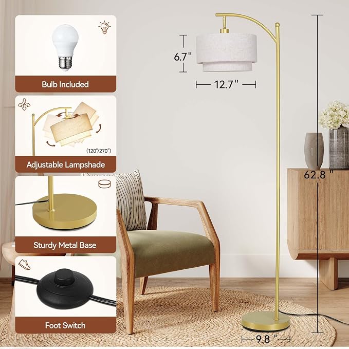 SUNMORY Floor Lamps for Living Room with 12W LED Bulb, Arc Lamp with 3 CCT | Modern Floor Lamps with Adjustable Double Fabric Shades, Industrial Arched Lamp, Tall Standing Lamp for Bedroom, Corner