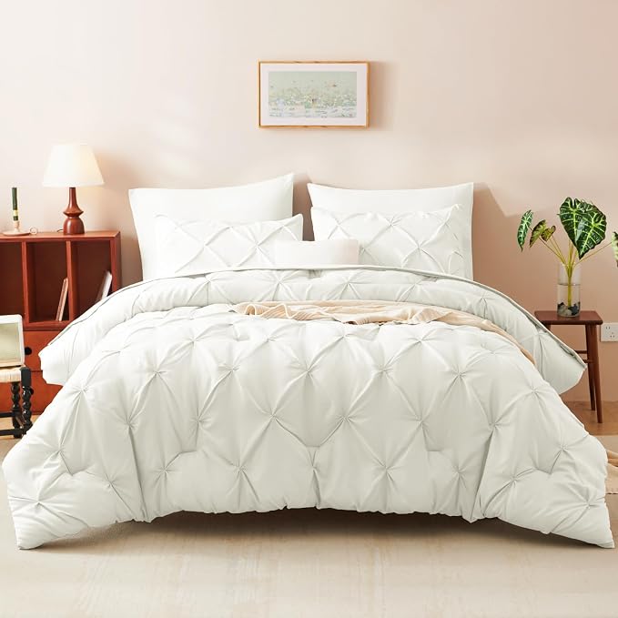 HIMEET Pintuck Bed in a Bag, 7 Pieces Full Size Comforter Set Ivory, Luxury Pinch Pleat Bed in a Bag, Soft All Season Bedding Sets with Comforter, Flat Sheet, Fitted Sheet and Pillowcases & Shams
