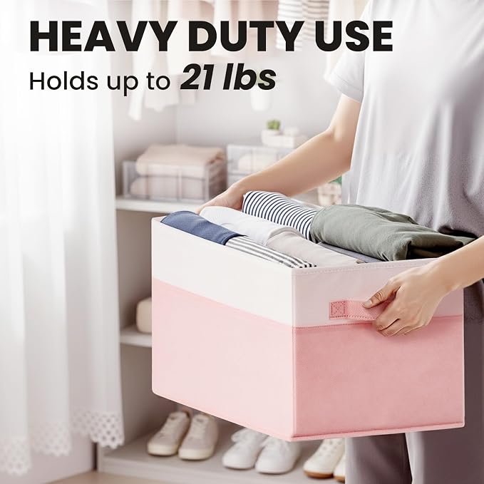 Large Closet Organizer Bins with Lids 8 Pack - Pink Storage Baskets for Shelves Nursery Bedroom Dorm RV - Stackable Decorative Closet Organization Box with Handles for Clothes Purse Blanket Towel