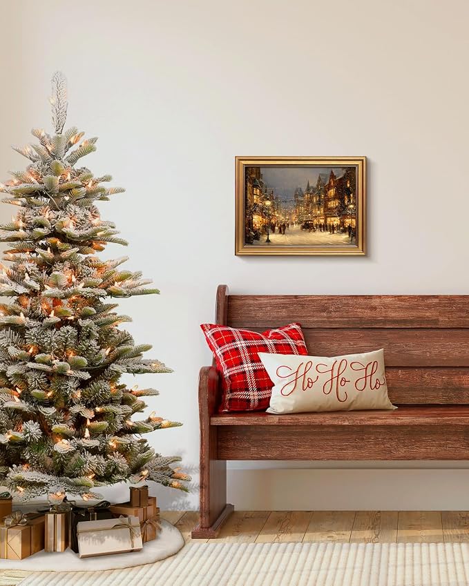 VIYYIEA Vintage Gold Framed Wall Art for Living Room, Christmas Canvas Prints Home Decor, Oil Painting Picture, Bedroom Wall Decor Gifts for Friends or Family -【A Warm Snowy Night】-(16L x 12W)