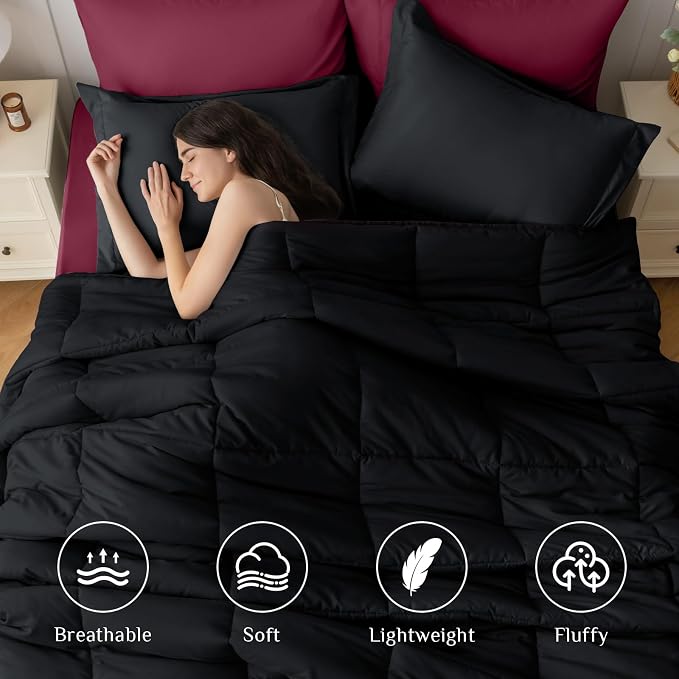 JOLLYVOGUE California King Comforter Set, Ultra-Soft Bed in a Bag 7 Pieces, Oeko-TEX Certified Bedding Set with Down Alternative Comforter, Sheets, Pillowcases & Shams, Black & Deep Burgundy