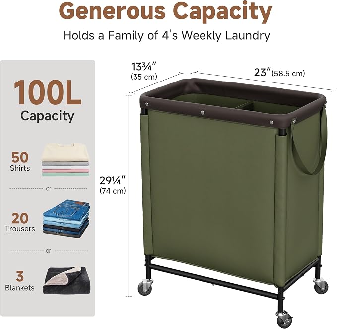 StorageWorks 2 Section Laundry Hamper, 100L Green Sorter Cart with Wheels | 2 Section Laundry Hamper with Wheels, Green Sorter Cart, Rolling Organizer for Bedroom, Bathroom, Apartment