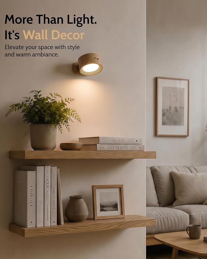 Rechargeable Wall Sconces with Remote, Magnetic Wall Lights, Wood 2 Pack | 3 Color Temperatures, Remote and Touch Control, 360° Rotating and Dimmable for Living Room & Bedroom